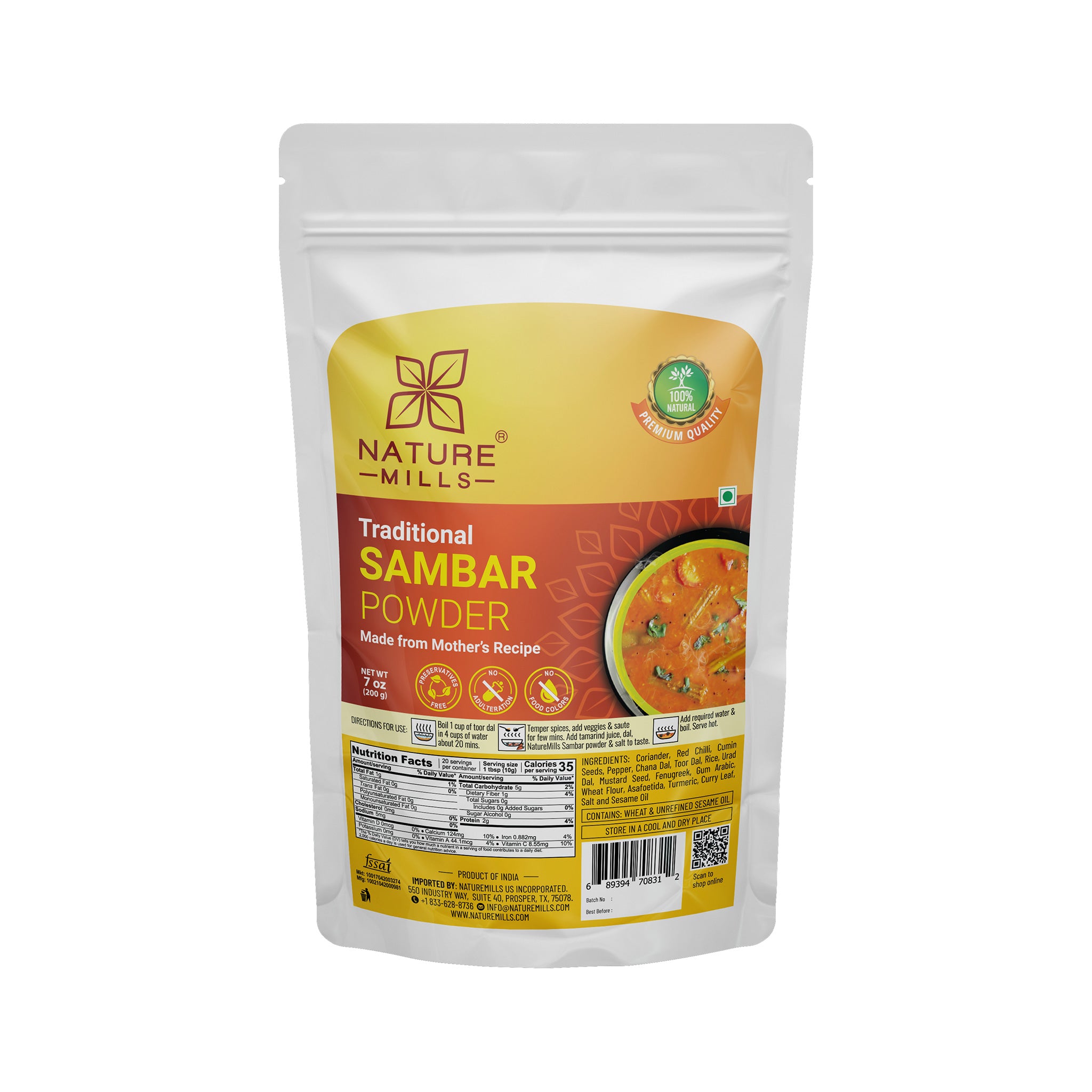 Nature Mills Traditional Sambar Powder packaging on a white background