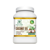 A bottle of NatureMills Natural Coconut Oil, cold-pressed and unrefined, with a label showing coconuts and highlighting the product's natural qualities.
